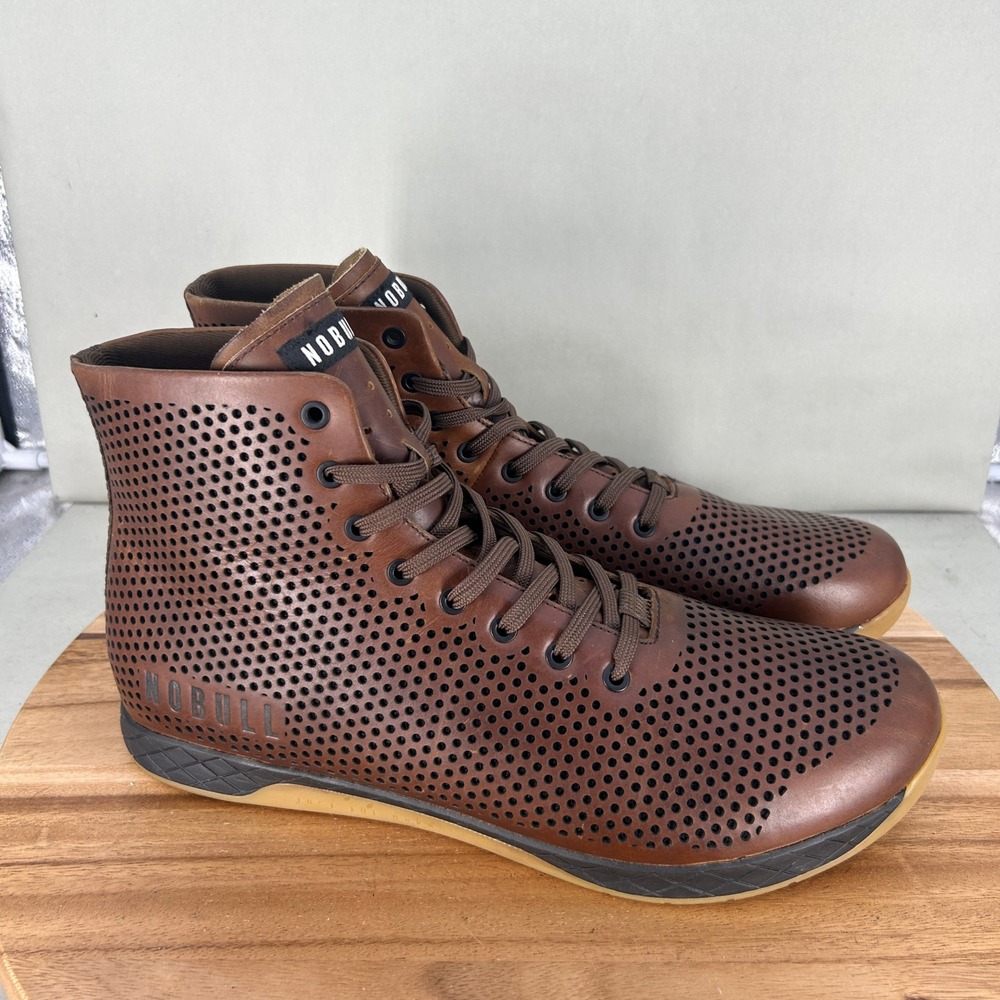 NOBULL Mens Size 16 Perforated Leather High Top Trainer Coffee Brown Sneaker